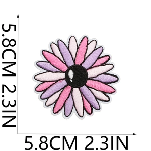 Macro detail of daisy flower embroidery patch with clear size measurements and texture