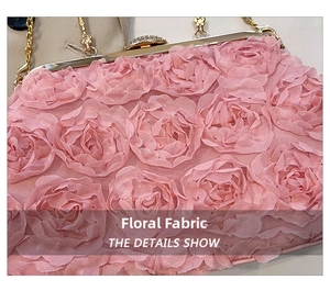 Detailed close-up of 3D fabric rose flowers and mesh texture on pink evening bag