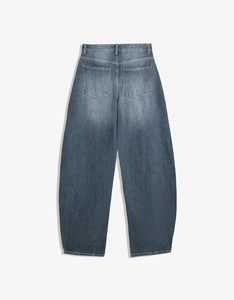 Flat lay back view of high waist wide leg jeans in vintage wash blue with dual pockets