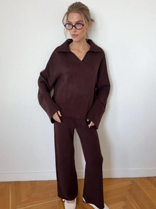 Damen Strickpullover Und Hose Baumwollmischung V-Ausschnitt Polo Kragen Langarm Weites Bein Einfarbig Schick Streetwear Herbst Winter
