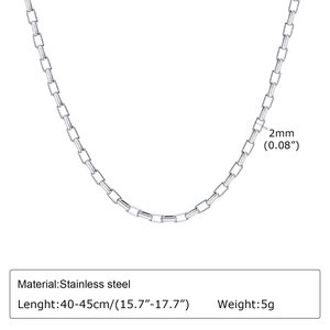 Detail view of 2mm silver stainless steel box chain necklace with technical specifications