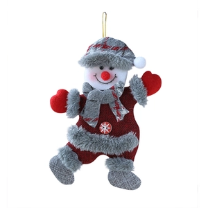Hanging Christmas snowman ornament with red suit and gray knitted hat on white background