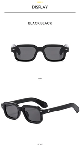 Front and 45-degree side view of black square sunglasses with silver star details