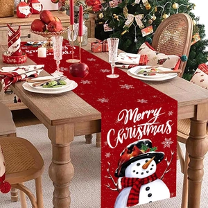 Christmas Table Runner Polyester Red Snowman Snowflake Merry Christmas Holiday Dining Party Decoration