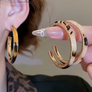 Vintage Leopard Print Acetate Hoop Earrings With 925 Sterling Silver Earring Post Retro C-Shaped Jewelry For Women