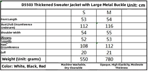 Tabella taglie dettagliata per cardigan in maglia grossa con bottoni in metallo, misure S e M