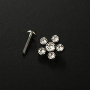 16G medical steel labret stud with a clear zircon flower top on a black background
