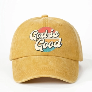 Casquette de baseball en coton moutarde délavé avec imprimé rétro God Is Good