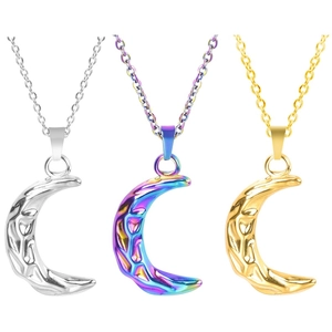 Three crescent moon necklaces in silver, gold, and rainbow colors with hammered texture