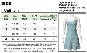 Detailed size chart for floral hollow out satin mini dress showing S to XL measurements