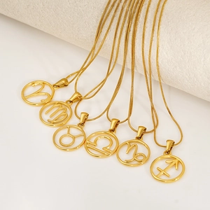 Zodiac Sign Pendant Necklace 18K Gold Plated Stainless Steel Hollow Circular Constellation Jewelry Snake Chain Unisex