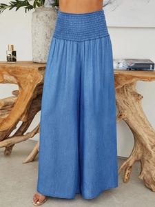 Pantalones De Pierna Ancha De Cintura Alta Para Mujer Cintura Elástica Fruncida Color Sólido Poliéster Spandex Casuales