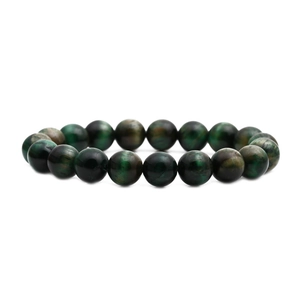 Natural dark green tiger eye stone bead bracelet with cat eye effect on white background