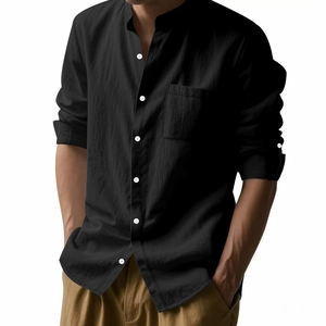 Men's casual black linen shirt with long sleeves and mandarin collar shown on model
