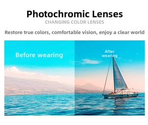 Detail showing photochromic lens effect on sea view with contrast comparison