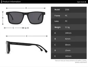 Detailed size specifications for classic 2356 square frame TR sunglasses for men