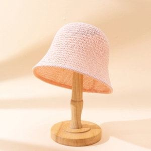 Chapeau bob en tricot ajouré rose clair pour femme avec protection solaire et bord large