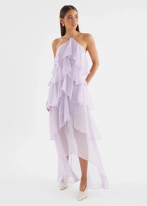 Detail of light purple chiffon halter dress with layered ruffles and high-low hemline