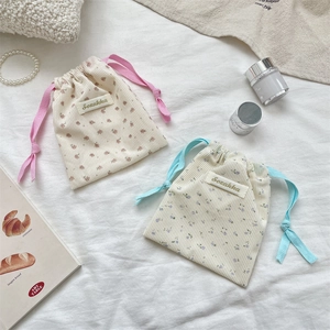 Floral Corduroy Drawstring Storage Pouch Portable Cosmetic Jewelry Travel Makeup Bag Soft Small Organizer Gadget Case