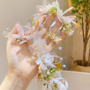 Floral princess headband with pink tulle flowers, metal butterflies and pearls for girls