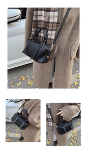 Detailed views of a black pleated pillow bag with golden hardware and detachable strap