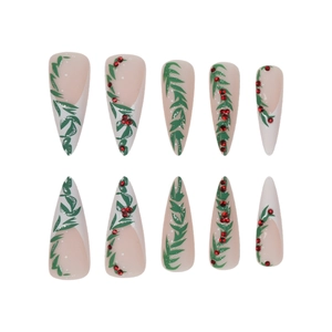 Christmas press-on nails with green leaves and red rhinestones on long almond tips