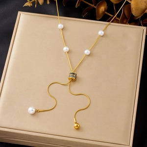 Elegant Y Shape Lariat Necklace Gold Plated Stainless Steel Imitation Artificial Pearl Adjustable Slider Snake Bone Chain Women