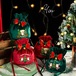 Christmas Velvet Drawstring Gift Bag Apple Candy Storage Pouch With Bow Bell Festive Party Favor Holiday Decor