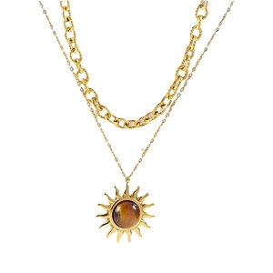 Collier double épaisseur en acier inoxydable doré avec pendentif soleil et œil de tigre