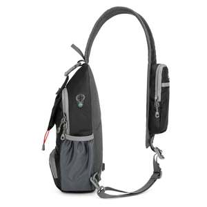Side view of nylon outdoor crossbody bag featuring side mesh pocket and headphone port