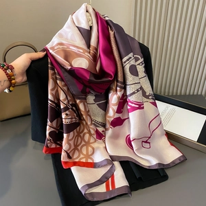 Elegant silk scarf with pink and purple chain patterns, perfect for spring beach sun protection