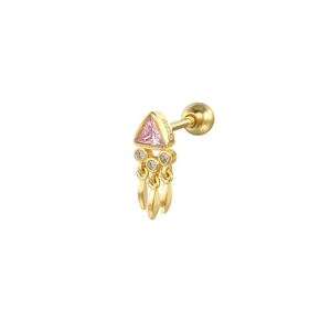 Detailed macro view of S925 silver stud earring with pink triangle gem and hanging discs