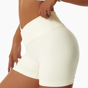 Short de yoga blanc crème taille haute en V avec tissu côtelé sans couture effet push-up
