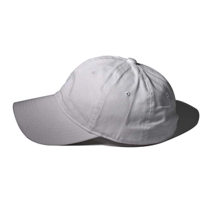 Side view of white cotton baseball cap showing stitch detail and breathable eyelets
