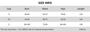 Detailed size chart for the pleated slim fit long sleeve maxi dress in centimeters