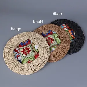 Handmade crochet bohemian beret hats in beige, khaki, and black with floral pattern