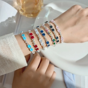 Elegant multi-color zircon buckle bracelets with rectangular gemstones in silver base