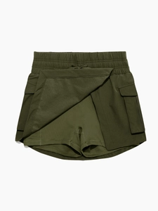 Detail of olive green sports skort with built-in shorts and cargo side pockets