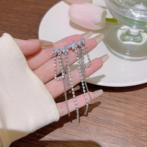 Vue détaillée de boucles d'oreilles étoile en argent avec pompons en cristal fin