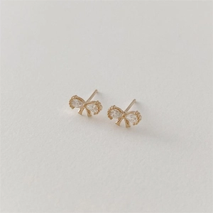 Minimalist 925 sterling silver bow knot stud earrings with cubic zirconia stones