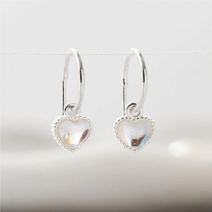 Minimalist 925 sterling silver heart earrings with AB colored moonstone gems