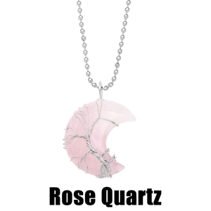 Handmade rose quartz crescent moon pendant with silver wire wrapped tree of life design