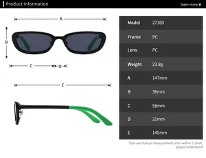 Detailed sizing chart and technical dimensions for vintage oval frame sunglasses model 27109