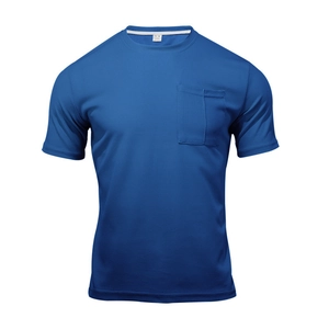 Close-up of blue waffle knit texture and chest pocket on a casual summer T-shirt