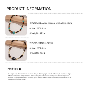 Detailed size and material specification chart for bohemian beaded acrylic necklaces