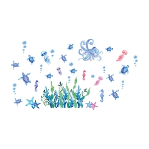 Self-adhesive watercolor ocean wall decals featuring sea turtles, octopuses and jellyfish