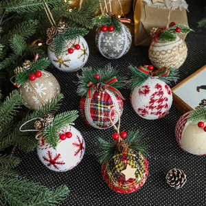Christmas Ball Ornaments With Burlap Foam Pine Cones Needles Berries Plaid Snowflake Pattern Festive Tree Hanging Decorations