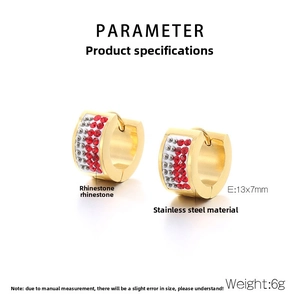 Detail of 13x7mm golden stainless steel hoop earrings with red and white rhinestones