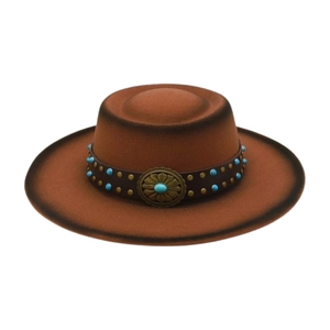 Western brown felt cowboy hat with vintage turquoise accents and burned brim edge detail