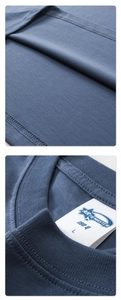Detail of double-needle hem and ribbed collar on a 190g grey-blue cotton t-shirt
